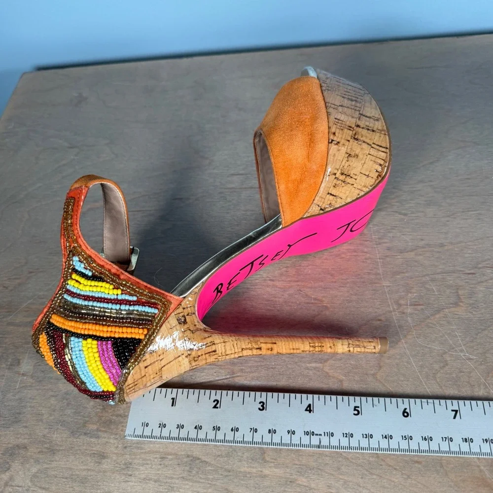 Betsey Johnson Isabell Platform Sandals Womens 7.5 Orange Suede Beaded Stiletto